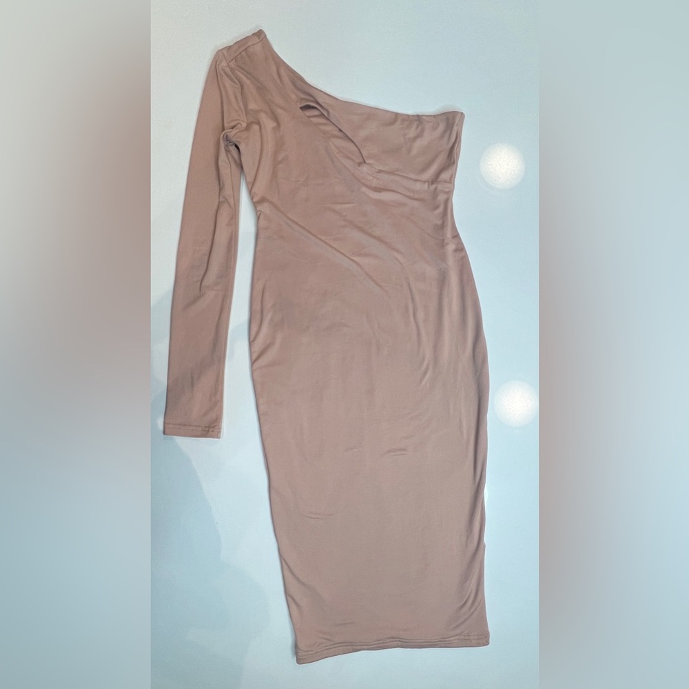 JLUXLABEL One-Shoulder Beige Dress